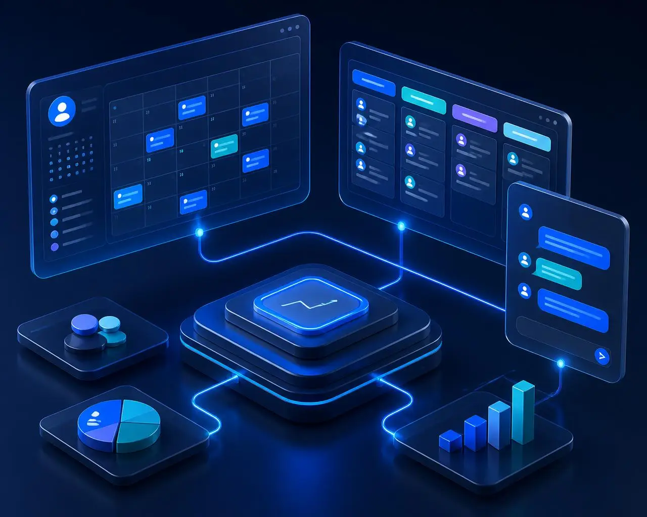 Isometric view of the Zoom Web system showing booking calendar, sales pipeline, and AI conversations